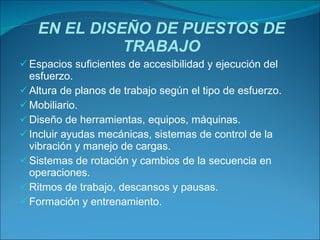 EN EL DISEÑO DE PUESTOS DE TRABAJO Espacios suficientes de accesibilidad y ejecución del esfuerzo. Altura de planos de trabajo según el tipo de esfuerzo. Mobiliario. Diseño de herramientas, equipos, máquinas. Incluir ayudas mecánicas, sistemas de control de la   vibración y manejo de cargas. Sistemas de rotación y cambios de la secuencia en  operaciones. Ritmos de trabajo, descansos y pausas. Formación y entrenamiento. 