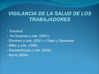 VIGILANCIA DE LA SALUD DE LOS TRABAJADORES Estudios: -  Ho Suzanne y cols. (2001). - Ehrmann y cols. (2001) = Olsen y Dearwater  - Miller y cols. (1988). - Nieuwenhuyse y cols. (2004) - Byrns (2004), 