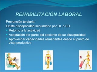 REHABILITACIÓN LABORAL Prevención terciaria: Existe discapacidad secundaria por DL o ED. Retorno a la actividad Aceptación por parte del paciente de su discapacidad Aprovechar capacidades remanentes desde el punto de vista productivo 