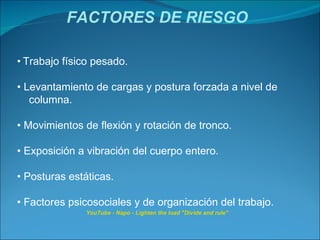 FACTORES DE RIESGO YouTube - Napo - Lighten the load "Divide and rule" •   Trabajo físico pesado. •  Levantamiento de cargas y postura forzada a nivel de  columna. •  Movimientos de flexión y rotación de tronco.  •  Exposición a vibración del cuerpo entero. •  Posturas estáticas. •  Factores psicosociales y de organización del trabajo. 
