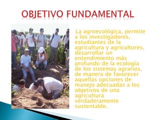 La agroecológica, permite
a los investigadores,
estudiantes de la
agricultura y agricultores,
desarrollar un
entendimiento más
profundo de la ecología
de los sistemas agrarios,
de manera de favorecer
aquellas opciones de
manejo adecuadas a los
objetivos de una
agricultura
verdaderamente
sustentable.