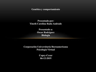 Genética y comportamiento
Presentado por:
Yineth Carolina Rada Andrade
Presentado a:
Oscar Rodríguez
Biología
Corporación Universitaria Iberoamericana
Psicología Virtual
Copey-Cesar
06-12-2019
 