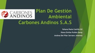 Plan De Gestión
Ambiental
Carbones Andinos S.A.S
Yohana Paola Castillo Gil
Diana Emilse Pulido Garay
Andrea Del Pilar Serrano Jiménez
 