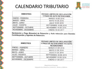 Maestría en Finanzas
Impuesto de Industria y comercio , Avisos y tableros
CALENDARIO TRIBUTARIO
 