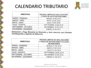 Maestría en Finanzas
Impuesto de Industria y comercio , Avisos y tableros
CALENDARIO TRIBUTARIO
 