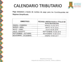 Maestría en Finanzas
Impuesto de Industria y comercio , Avisos y tableros
CALENDARIO TRIBUTARIO
 