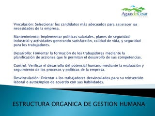 Vinculación: Seleccionar los candidatos más adecuados para satisfacer las necesidades de la empresa.Mantenimiento: Implementar políticas salariales, planes de seguridad industrial y actividades generando satisfacción, calidad de vida, y seguridad para los trabajadores.Desarrollo: Fomentar la formación de los trabajadoresmediante la planificación de acciones que le permitan el desarrollo de sus competencias.Control: Verificar el desarrollo del potencial humano mediante la evaluación y seguimiento de los procesos y políticas de la empresa. Desvinculación: Orientar a los trabajadores desvinculados para su reinserción laboral o autoempleo de acuerdo con sus habilidades.ESTRUCTURA ORGANICA DE GESTION HUMANA