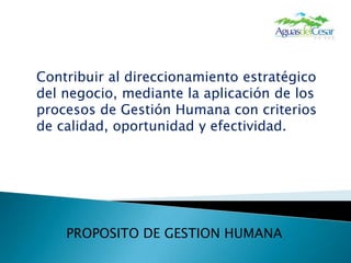 Contribuir al direccionamiento estratégico del negocio, mediante la aplicación de los procesos de Gestión Humana con criterios de calidad, oportunidad y efectividad.PROPOSITO DE GESTION HUMANA