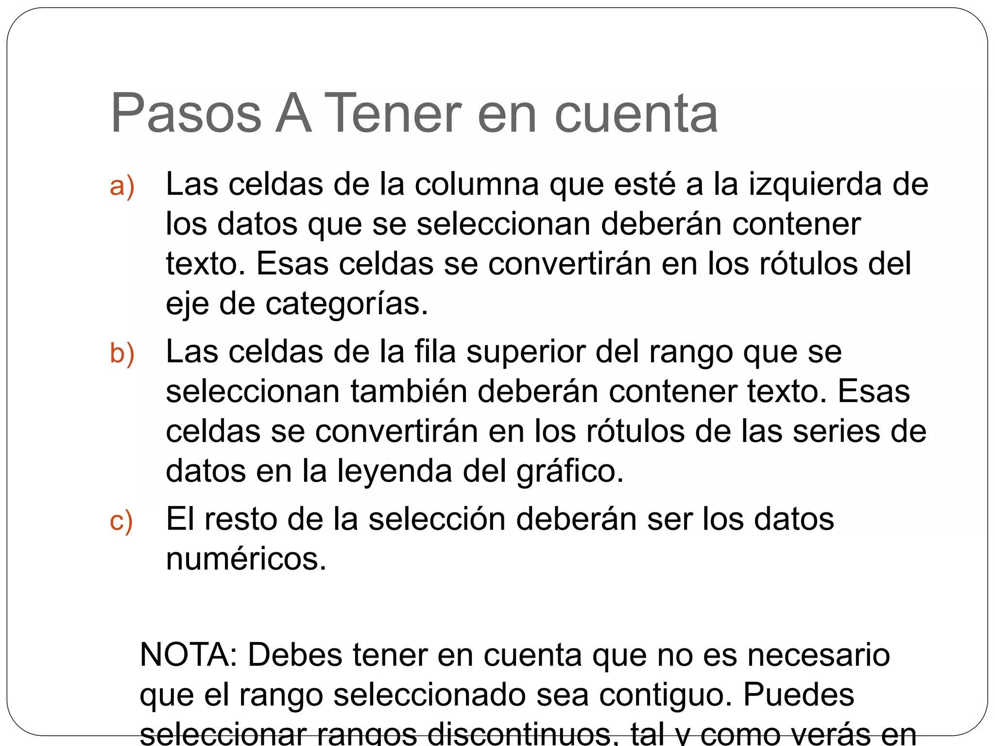 Pasos A Tener en cuenta
a) Las celdas de la columna que esté a la izquierda de
los datos que se seleccionan deberán contener
texto. Esas celdas se convertirán en los rótulos del
eje de categorías.
b) Las celdas de la fila superior del rango que se
seleccionan también deberán contener texto. Esas
celdas se convertirán en los rótulos de las series de
datos en la leyenda del gráfico.
c) El resto de la selección deberán ser los datos
numéricos.
NOTA: Debes tener en cuenta que no es necesario
que el rango seleccionado sea contiguo. Puedes
seleccionar rangos discontinuos, tal y como verás en
 