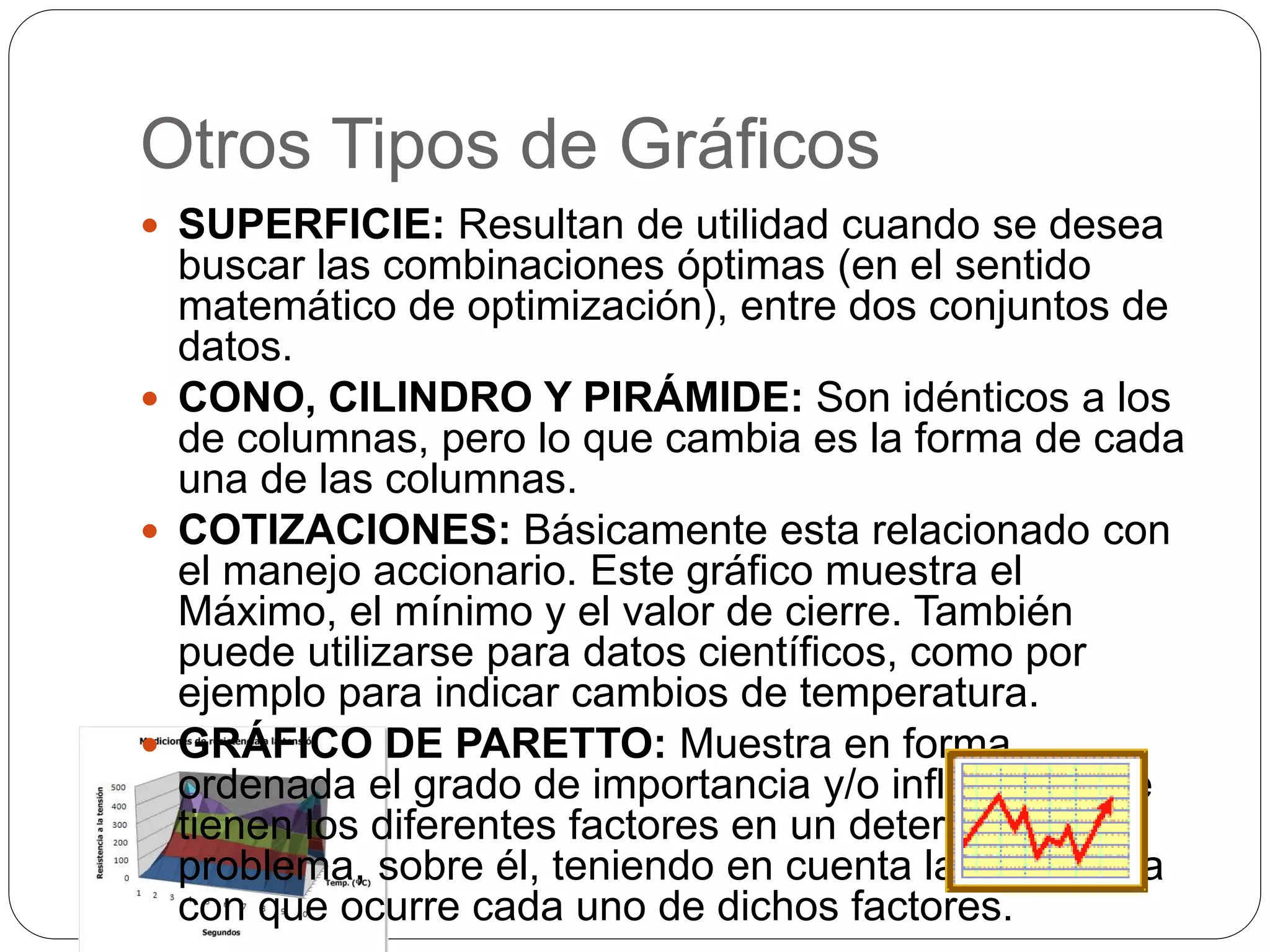 Otros Tipos de Gráficos
 SUPERFICIE: Resultan de utilidad cuando se desea
buscar las combinaciones óptimas (en el sentido
matemático de optimización), entre dos conjuntos de
datos.
 CONO, CILINDRO Y PIRÁMIDE: Son idénticos a los
de columnas, pero lo que cambia es la forma de cada
una de las columnas.
 COTIZACIONES: Básicamente esta relacionado con
el manejo accionario. Este gráfico muestra el
Máximo, el mínimo y el valor de cierre. También
puede utilizarse para datos científicos, como por
ejemplo para indicar cambios de temperatura.
 GRÁFICO DE PARETTO: Muestra en forma
ordenada el grado de importancia y/o influencia que
tienen los diferentes factores en un determinado
problema, sobre él, teniendo en cuenta la frecuencia
con que ocurre cada uno de dichos factores.
 