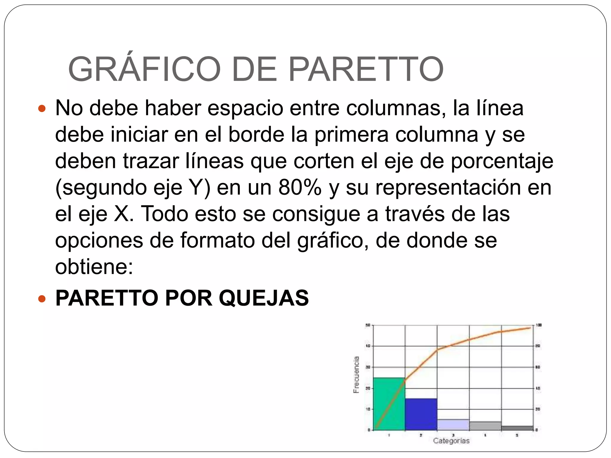 GRÁFICO DE PARETTO
 No debe haber espacio entre columnas, la línea
debe iniciar en el borde la primera columna y se
deben trazar líneas que corten el eje de porcentaje
(segundo eje Y) en un 80% y su representación en
el eje X. Todo esto se consigue a través de las
opciones de formato del gráfico, de donde se
obtiene:
 PARETTO POR QUEJAS
 