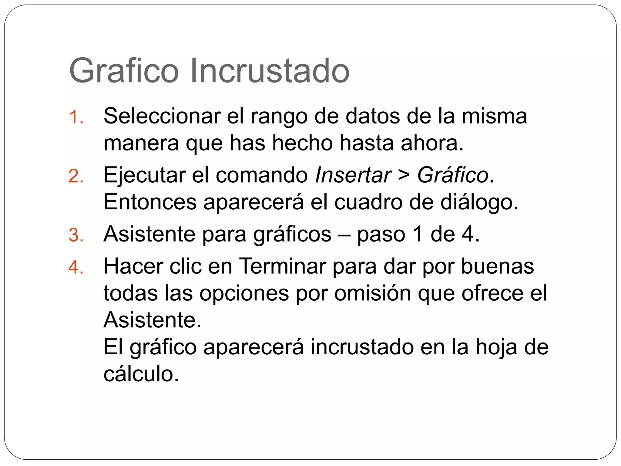 Grafico Incrustado
1. Seleccionar el rango de datos de la misma
manera que has hecho hasta ahora.
2. Ejecutar el comando Insertar > Gráfico.
Entonces aparecerá el cuadro de diálogo.
3. Asistente para gráficos – paso 1 de 4.
4. Hacer clic en Terminar para dar por buenas
todas las opciones por omisión que ofrece el
Asistente.
El gráfico aparecerá incrustado en la hoja de
cálculo.
 