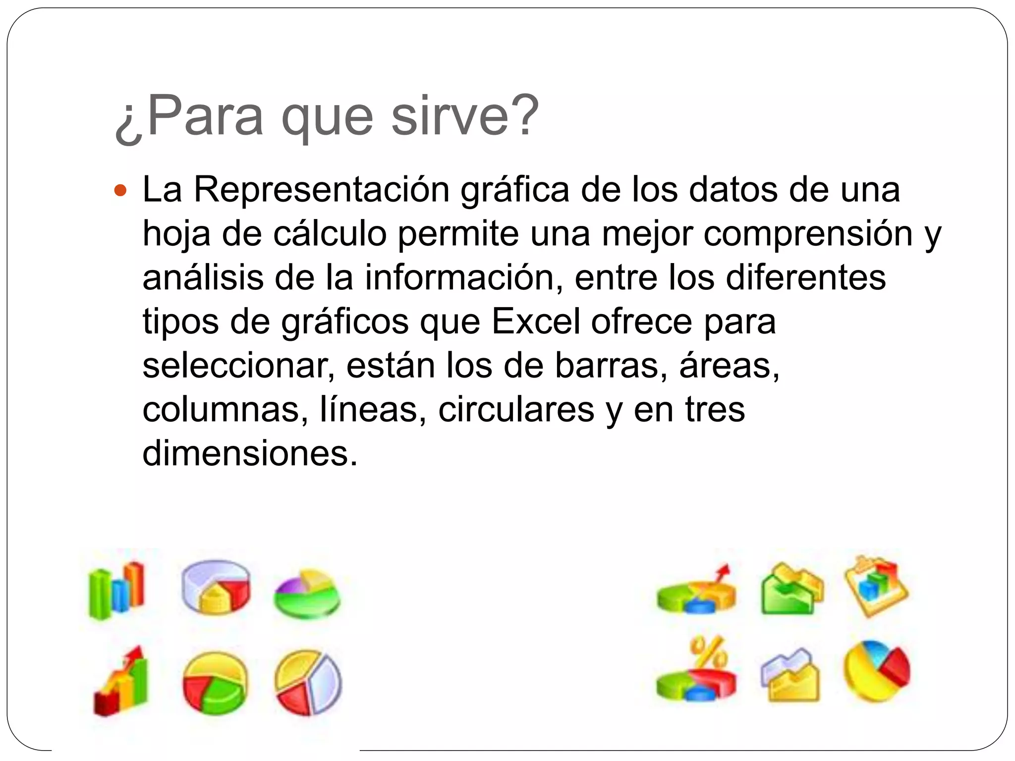 ¿Para que sirve?
 La Representación gráfica de los datos de una
hoja de cálculo permite una mejor comprensión y
análisis de la información, entre los diferentes
tipos de gráficos que Excel ofrece para
seleccionar, están los de barras, áreas,
columnas, líneas, circulares y en tres
dimensiones.
 