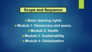 Scope and Sequence
Basic learning rights
Module 1: Democracy and peace.
Module 2: Health
Module 3: Sustainability
Module 4: Globalization
 