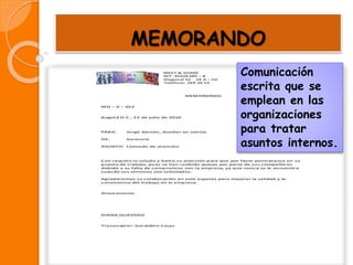 MEMORANDO 
Comunicación 
escrita que se 
emplean en las 
organizaciones 
para tratar 
asuntos internos. 
 