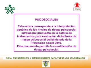 Centro
Nacional de
 Hotelería,                PSICOSOCIALES
 Turismo y
 Alimentos
               Esta escala corresponde a la interpretación
              genérica de los niveles de riesgo psicosocial
                 intralaboral propuesta en la batería de
              instrumentos para evaluación de factores de
                  riesgo psicosocial del Ministerio de la
                         Protección Social 2010.
              Este documento permite la cuantificación de
                           riesgo psicosocial.

SENA CONOCIMIENTO Y EMPRENDIMIENTO PARA TODOS LOS COLOMBIANOS
 