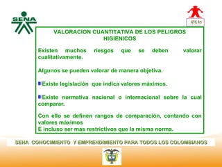 VALORACION CUANTITATIVA DE LOS PELIGROS
  Centro                         HIGIENICOS
Nacional de
 Hotelería,   Existen muchos      riesgos   que   se   deben    valorar
 Turismo y
 Alimentos    cualitativamente.

              Algunos se pueden valorar de manera objetiva.

               Existe legislación que indica valores máximos.

               Existe normativa nacional o internacional sobre la cual
              comparar.

              Con ello se definen rangos de comparación, contando con
              valores máximos
              E incluso ser mas restrictivos que la misma norma.

SENA CONOCIMIENTO Y EMPRENDIMIENTO PARA TODOS LOS COLOMBIANOS
 