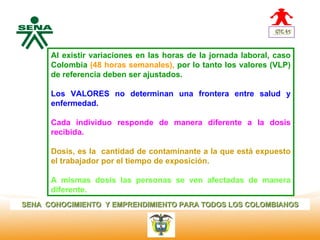Centro Al existir variaciones en las horas de la jornada laboral, caso
Nacional de Colombia (48 horas semanales), por lo tanto los valores (VLP)
 Hotelería,
 Turismo y de referencia deben ser ajustados.
 Alimentos
        Los VALORES no determinan una frontera entre salud y
        enfermedad.

        Cada individuo responde de manera diferente a la dosis
        recibida.

        Dosis, es la cantidad de contaminante a la que está expuesto
        el trabajador por el tiempo de exposición.

        A mismas dosis las personas se ven afectadas de manera
        diferente.
SENA CONOCIMIENTO Y EMPRENDIMIENTO PARA TODOS LOS COLOMBIANOS
 