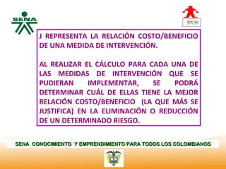 J REPRESENTA LA RELACIÓN COSTO/BENEFICIO
  Centro
Nacional de
 Hotelería,
              DE UNA MEDIDA DE INTERVENCIÓN.
 Turismo y
 Alimentos
              AL REALIZAR EL CÁLCULO PARA CADA UNA DE
              LAS MEDIDAS DE INTERVENCIÓN QUE SE
              PUDIERAN     IMPLEMENTAR,     SE  PODRÁ
              DETERMINAR CUÁL DE ELLAS TIENE LA MEJOR
              RELACIÓN COSTO/BENEFICIO (LA QUE MÁS SE
              JUSTIFICA) EN LA ELIMINACIÓN O REDUCCIÓN
              DE UN DETERMINADO RIESGO.

SENA CONOCIMIENTO Y EMPRENDIMIENTO PARA TODOS LOS COLOMBIANOS
 