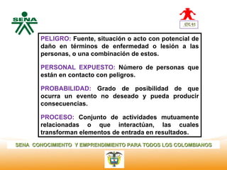 Centro
              PELIGRO: Fuente, situación o acto con potencial de
Nacional de   daño en términos de enfermedad o lesión a las
 Hotelería,
 Turismo y    personas, o una combinación de estos.
 Alimentos

              PERSONAL EXPUESTO: Número de personas que
              están en contacto con peligros.

              PROBABILIDAD: Grado de posibilidad de que
              ocurra un evento no deseado y pueda producir
              consecuencias.

              PROCESO: Conjunto de actividades mutuamente
              relacionadas o que interactúan, las cuales
              transforman elementos de entrada en resultados.
SENA CONOCIMIENTO Y EMPRENDIMIENTO PARA TODOS LOS COLOMBIANOS
 