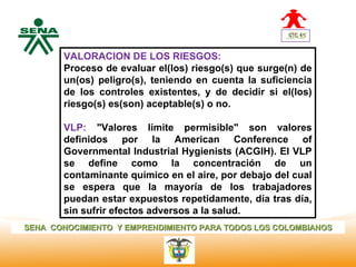 VALORACION DE LOS RIESGOS:
  Centro
Nacional de   Proceso de evaluar el(los) riesgo(s) que surge(n) de
 Hotelería,   un(os) peligro(s), teniendo en cuenta la suficiencia
 Turismo y
 Alimentos    de los controles existentes, y de decidir si el(los)
              riesgo(s) es(son) aceptable(s) o no.

              VLP: "Valores límite permisible" son valores
              definidos por la American Conference of
              Governmental Industrial Hygienists (ACGIH). El VLP
              se define como la concentración de un
              contaminante químico en el aire, por debajo del cual
              se espera que la mayoría de los trabajadores
              puedan estar expuestos repetidamente, día tras día,
              sin sufrir efectos adversos a la salud.
SENA CONOCIMIENTO Y EMPRENDIMIENTO PARA TODOS LOS COLOMBIANOS
 