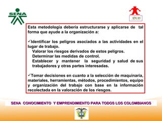 Centro
              Esta metodología debería estructurarse y aplicarse de tal
Nacional de   forma que ayude a la organización a:
 Hotelería,
 Turismo y
 Alimentos    Identificar los peligros asociados a las actividades en el
              lugar de trabajo.
                Valorar los riesgos derivados de estos peligros.
                Determinar las medidas de control.
                Establecer y mantener la seguridad y salud de sus
                trabajadores y otras partes interesadas.

              Tomar decisiones en cuanto a la selección de maquinaria,
              materiales, herramientas, métodos, procedimientos, equipo
              y organización del trabajo con base en la información
              recolectada en la valoración de los riesgos.


SENA CONOCIMIENTO Y EMPRENDIMIENTO PARA TODOS LOS COLOMBIANOS
 