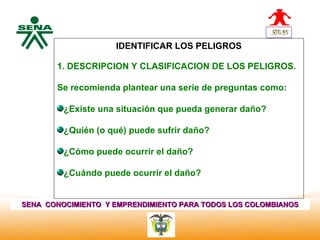 IDENTIFICAR LOS PELIGROS
  Centro
Nacional de
 Hotelería,
              1. DESCRIPCION Y CLASIFICACION DE LOS PELIGROS.
 Turismo y
 Alimentos
              Se recomienda plantear una serie de preguntas como:

               ¿Existe una situación que pueda generar daño?

               ¿Quién (o qué) puede sufrir daño?

               ¿Cómo puede ocurrir el daño?

               ¿Cuándo puede ocurrir el daño?


SENA CONOCIMIENTO Y EMPRENDIMIENTO PARA TODOS LOS COLOMBIANOS
 