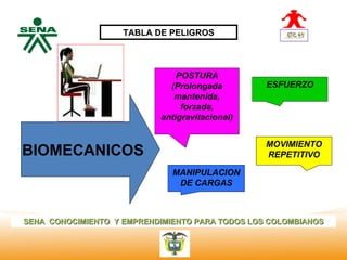 TABLA DE PELIGROS


  Centro
Nacional de
 Hotelería,                    POSTURA
 Turismo y                   (Prolongada         ESFUERZO
 Alimentos
                              mantenida,
                                forzada,
                           antigravitacional)


                                                 MOVIMIENTO
BIOMECANICOS                                     REPETITIVO

                              MANIPULACION
                               DE CARGAS



SENA CONOCIMIENTO Y EMPRENDIMIENTO PARA TODOS LOS COLOMBIANOS
 