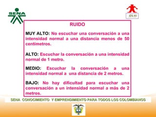 RUIDO
  Centro
Nacional de
 Hotelería,   MUY ALTO: No escuchar una conversación a una
 Turismo y
 Alimentos
              intensidad normal a una distancia menos de 50
              centímetros.
                
              ALTO: Escuchar la conversación a una intensidad
              normal de 1 metro.
               
              MEDIO:  Escuchar la conversación a una
              intensidad normal a una distancia de 2 metros.

              BAJO:  No hay dificultad para escuchar una
              conversación a un intensidad normal a más de 2
              metros.
SENA CONOCIMIENTO Y EMPRENDIMIENTO PARA TODOS LOS COLOMBIANOS
 