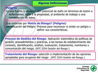 Algunas Definiciones
Proceso de Gestión del Riesgo: Aplicación sistemática de políticas de
gestión, procedimientos y prácticas, a las tareas de establecimiento del
contexto, identificación, análisis, evaluación, tratamiento, monitoreo y
comunicación del riesgo. (NTC 5254 Gestión del Riesgo )
Tratamiento del Riesgo: selección e implementación de las opciones
apropiadas para ocuparse del riesgo . (NTC 5254 Gestión del Riesgo )
Peligros
Es una fuente o situación con potencial de daño en términos de lesión o
enfermedad, daño a la propiedad, al ambiente de trabajo o una
combinación de éstos.
Que entiende por Matriz de Riesgo? (Peligros)
Identificación del Peligro: Proceso para reconocer si existe un peligro y
definir sus características.
 