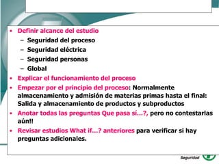 Procedimiento What if….?
• Definir alcance del estudio
– Seguridad del proceso
– Seguridad eléctrica
– Seguridad personas
– Global
• Explicar el funcionamiento del proceso
• Empezar por el principio del proceso: Normalmente
almacenamiento y admisión de materias primas hasta el final:
Salida y almacenamiento de productos y subproductos
• Anotar todas las preguntas Que pasa sí…?, pero no contestarlas
aún!!
• Revisar estudios What if…? anteriores para verificar si hay
preguntas adicionales.
 