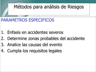 Métodos para análisis de Riesgos
PARAMETROS ESPECIFICOS
1. Enfasis en accidentes severos
2. Determine zonas probables del accidente
3. Analice las causas del evento
4. Cumpla los requisitos legales
 