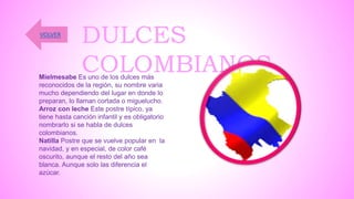 DULCES
COLOMBIANOSMielmesabe Es uno de los dulces más
reconocidos de la región, su nombre varia
mucho dependiendo del lugar en donde lo
preparan, lo llaman cortada o miguelucho.
Arroz con leche Este postre típico, ya
tiene hasta canción infantil y es obligatorio
nombrarlo si se habla de dulces
colombianos.
Natilla Postre que se vuelve popular en la
navidad, y en especial, de color café
oscurito, aunque el resto del año sea
blanca. Aunque solo las diferencia el
azúcar.
VOLVER
 