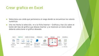Crear grafico en Excel


Selecciona una celda que pertenezca al rango donde se encuentran los valores
numéricos



Una vez hecha la selección, ve a la ficha Insertar > Gráficos y haz clic sobre el
botón del tipo de gráfico que deseas insertar y se mostrará un menú donde
deberás seleccionar el gráfico deseado.

 
