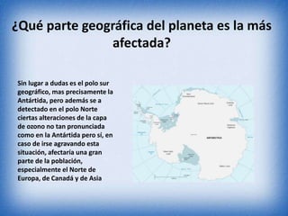 ¿Qué parte geográfica del planeta es la más 
afectada? 
Sin lugar a dudas es el polo sur 
geográfico, mas precisamente la 
Antártida, pero además se a 
detectado en el polo Norte 
ciertas alteraciones de la capa 
de ozono no tan pronunciada 
como en la Antártida pero sí, en 
caso de irse agravando esta 
situación, afectaría una gran 
parte de la población, 
especialmente el Norte de 
Europa, de Canadá y de Asia 
 