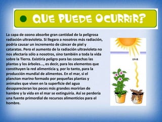 La capa de ozono absorbe gran cantidad de la peligrosa 
radiación ultravioleta. Si llegara a nosotros más radiación, 
podría causar un incremento de cáncer de piel y 
cataratas. Pero el aumento de la radiación ultravioleta no 
nos afectaría sólo a nosotros, sino también a toda la vida 
sobre la Tierra. Existiría peligro para las cosechas las 
plantas y los árboles..., es decir, para los elementos que 
constituyen la red alimenticia y, por lo tanto, para la 
producción mundial de alimentos. En el mar, si el 
plancton marino formado por pequeñas plantas y 
animales que viven en la superficie del agua 
desaparecieran los peces más grandes morirían de 
hambre y la vida en el mar se extinguiría. Así se perdería 
una fuente primordial de recursos alimenticios para el 
hombre. 
 