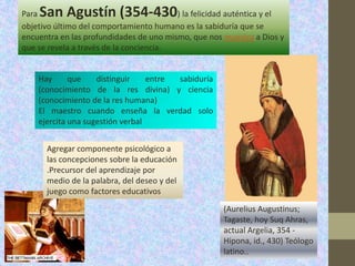 ParaSan Agustín (354-430                 ) la felicidad auténtica y el
objetivo último del comportamiento humano es la sabiduría que se
encuentra en las profundidades de uno mismo, que nos muestra a Dios y
que se revela a través de la conciencia.


    Hay      que    distinguir    entre sabiduría
    (conocimiento de la res divina) y ciencia
    (conocimiento de la res humana)
    El maestro cuando enseña la verdad solo
    ejercita una sugestión verbal


      Agregar componente psicológico a
      las concepciones sobre la educación
      .Precursor del aprendizaje por
      medio de la palabra, del deseo y del
      juego como factores educativos
                                                     (Aurelius Augustinus;
                                                     Tagaste, hoy Suq Ahras,
                                                     actual Argelia, 354 -
                                                     Hipona, id., 430) Teólogo
                                                     latino..
 