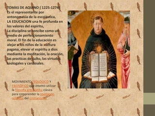 TOMAS DE AQUINO ( 1225-1274)
Es el representante por
antonomasia de la escolástica,
LA EDUCACION una fe profunda en
los valores del espíritu,
La disciplina se concibe como un
medio de perfeccionamiento
moral. El fin de la educación es
alejar a los niños de la cultura
pagana, elevar el espíritu a dios
mediante la meditación, la oración,
las practicas de culto, las virtudes
teologales y cardinales.



   MOVIMIENTO TEOLÓGICO Y
   FILOSÓFICO que intentó utilizar
   la filosofía grecolatina clásica
   para comprender la revelación
   religiosa del cristianismo.
 
