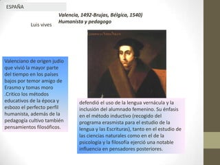 ESPAÑA
                        Valencia, 1492-Brujas, Bélgica, 1540)
                        Humanista y pedagogo
           Luis vives




Valenciano de origen judío
que vivió la mayor parte
del tiempo en los países
bajos por temor amigo de
Erasmo y tomas moro
.Critico los métodos
educativos de la época y         defendió el uso de la lengua vernácula y la
esbozo el perfecto perfil        inclusión del alumnado femenino. Su énfasis
humanista, además de la          en el método inductivo (recogido del
pedagogía cultivo también        programa erasmista para el estudio de la
pensamientos filosóficos.        lengua y las Escrituras), tanto en el estudio de
                                 las ciencias naturales como en el de la
                                 psicología y la filosofía ejerció una notable
                                 influencia en pensadores posteriores.
 
