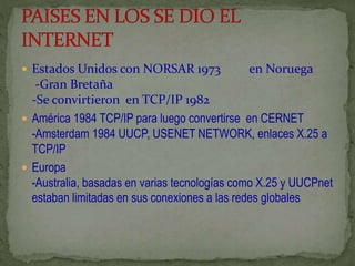  Estados Unidos con NORSAR 1973 en Noruega 
-Gran Bretaña 
-Se convirtieron en TCP/IP 1982 
 América 1984 TCP/IP para luego convertirse en CERNET 
-Amsterdam 1984 UUCP, USENET NETWORK, enlaces X.25 a 
TCP/IP 
 Europa 
-Australia, basadas en varias tecnologías como X.25 y UUCPnet 
estaban limitadas en sus conexiones a las redes globales 
 