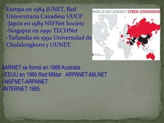 Europa en 1984 JUNET, Red 
Universitaria Canadesa UUCP 
-Japón en 1989 NSFNet Society 
-Singapur en 1990 TECHNet 
-Tailandia en 1992 Universidad de 
Chulalongkorn y UUNET. 
AARNET se formó en 1989 Australia 
- EEUU en 1969 Red Militar ARPANET-MILNET 
- NSFNET-ARPANET 
-INTERNET 1985. 
 