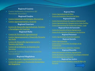 Regional Guainía
   Centro Ambiental y Ecoturístico del                                    Regional Meta
    Nororiente Amazónico                                Centro Agroindustrial del Meta
                 Regional Guajira                       Centro de Industria y Servicios del Meta
   Centro Industrial y de Energías Alternativas                          Regional Nariño
                                                        Centro Surcolombiano de Logística Internacional
   Centro Agroempresarial y Acuícola
                                                        Centro Agroindustrial y Pesquero de la Costa Pacífica
                Regional Guaviare
                                                        Centro Internacional de Producción Limpia - Lope
   Centro de Desarrollo Agroindustrial, Turístico                 Regional Norte de Santander
    y Tecnológico del Guaviare                          Centro de Atención al Sector Agropecuario
                  Regional Huila                        Centro de la Industria, la Empresa y los Servicios
   Centro de Formación Agroindustrial                                  Regional Putumayo
   Centro Agroempresarial y Desarrollo Pecuario        Centro Agroforestal y Acuícola Arapaima
    del Huila                                                            Regional Quindío
   Centro de Desarrollo Agroempresarial y              Centro Agroindustrial
    Turístico del Huila                                 Centro para el Desarrollo Tecnológico de la
                                                         Construcción
   Centro de la Industria, la Empresa y los
                                                        Centro de Comercio, Industria y Turismo
    Servicios
                                                                        Regional Risaralda
   Centro de Gestión y Desarrollo Sostenible           Centro de Atención al Sector Agropecuario
    Surcolombian                                        Centro de Diseño e Innovación Tecnológica Industrial
               Regional Magdalena                       Centro de Comercio y Servicios
   Centro Acuícola y Agroindustrial de Gaira                          Regional San Andrés
   Centro de Logística y Promoción Ecoturística        Centro de Formación Turística, Gente de Mar y de
    del Magdalena                                        Servicios
 