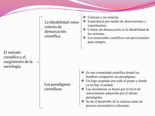 La falsabilidad como
criterio de
demarcación
científica.

 Ciencias y no ciencias.
 Experiencia por medio de observaciones y
experimentos.
 Criterio de demarcación es la falsabilidad de
los sistemas.
 Los enunciados científicos son provisionales
para siempre.

El método
científico y el
surgimiento de la
sociología.

Los paradigmas
científicos.

 Es una comunidad científica donde los
hombres comparten sus paradigmas.
 Un logo aceptado por todo el grupo y donde
ya no hay rivalidad.
 Las enseñanzas se basan por el nivel de
conocimiento adquirido por el ultimo
paradigmas.
 Se da el desarrollo de la ciencia como un
proceso acumulativo coherente.

 