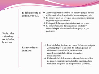 El debate sobre el
continuo social.

 Adrey dice: Que el hombre es hombre porque durante
millones de años de evolución ha matado para vivir.
 El hombre es el ser vivo por antonomasia que practica
la guerra organizadamente.
 Es imposible la supervivencia fuera de un grupo.
 El comportamiento de un adulto es limitado y
controlado por miembro del mismo grupo al que
pertenece.

Sociedades
animales y
sociedades
humanas

Las sociedades
animales

 La sociedad de los insectos es una de las mas antiguas
, esta regida por la división del trabajo, poseen un
sistema de comunicación, edificaciones
complejas, sociedad estática no produce
modificaciones.
 En la sociedad de los vertebrados es diferente, ellos
no están rígidamente estructurados, sus individuos
mantienen márgenes de independencia y libertad.

 