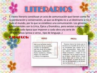 • E l texto literario constituye un acto de comunicación que tienen como fin
su perduración y conservación, ya que va dirigida no a un destinario si no a
todo el mundo, por lo que se establece una comunicación. Los géneros
fundamentales son la Lírica, Épica y Dramática, pero existen subgéneros
propis de cada época que imponen a cada obra una serie de
características (prosa o verso , tipo de lenguaje..)

 