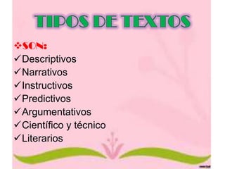 SON:
Descriptivos
Narrativos
Instructivos
Predictivos
Argumentativos
Científico y técnico
Literarios

 