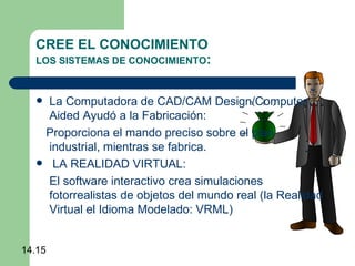 La Computadora de CAD/CAM Design/Computer Aided Ayudó a la Fabricación:  Proporciona el mando preciso sobre el plan industrial, mientras se fabrica.  LA REALIDAD VIRTUAL:  El software interactivo crea simulaciones fotorrealistas de objetos del mundo real (la Realidad Virtual el Idioma Modelado: VRML)  CREE EL CONOCIMIENTO  LOS SISTEMAS DE CONOCIMIENTO : 14.15 