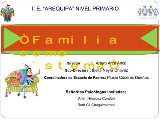 “ Familia como sistema” Director : Arturo Arce Anco Sub-Directora : Ibella Neyra Chavez Coordinadora de Escuela de Padres: Plusia Cáceres Dueñas Señoritas Psicólogas Invitadas: Arlet Hinojosa Condori Ruth Gil Chuquimamani I. E. “AREQUIPA” NIVEL PRIMARIO