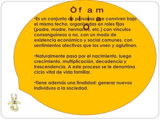 Es un conjunto de personas que conviven bajo el mismo techo, organizadas en roles fijos (padre, madre, hermanos, etc.) con vínculos consanguíneos o no, con un modo de existencia económico y social comunes, con sentimientos afectivos que los unen y aglutinan. Naturalmente pasa por el nacimiento, luego crecimiento, multiplicación, decadencia y trascendencia. A este proceso se le denomina ciclo vital de vida familiar. Tiene además una finalidad: generar nuevos individuos a la sociedad. “ familia”