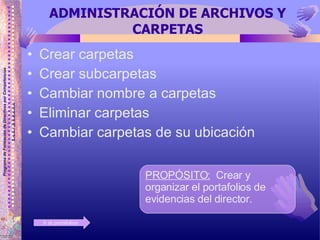 ADMINISTRACIÓN DE ARCHIVOS Y CARPETAS Crear carpetas Crear subcarpetas Cambiar nombre a carpetas Eliminar carpetas Cambiar carpetas de su ubicación PROPÓSITO:   Crear y organizar el portafolios de evidencias del director. Ir al portafolios 
